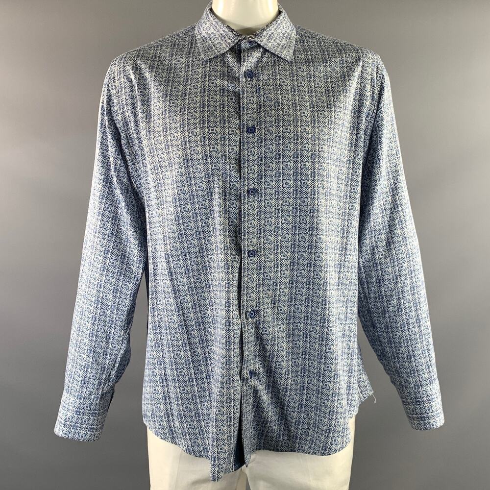 ROBERT GRAHAM Size XXL White Blue Geometric Cotton Blend Long Sleeve Shirt